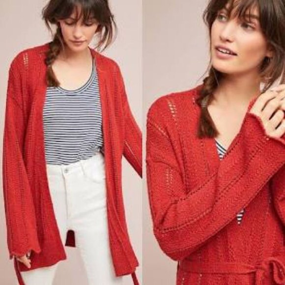 Meadow Rue | Anthropologie Priscilla Pointelle Cardigan in Rust Red | Size Small - Picture 1 of 13